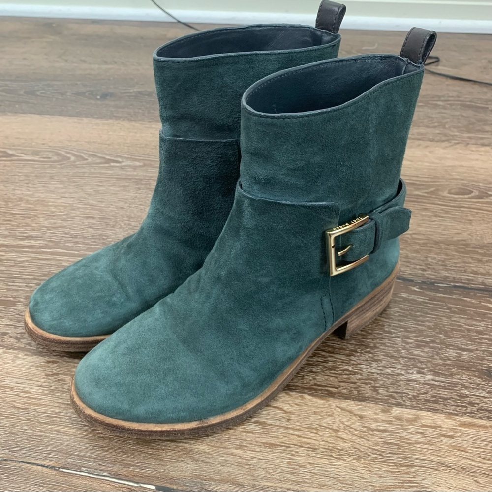 Tory Burch Riley Mid Buckle Boots in a dark green suede color 7